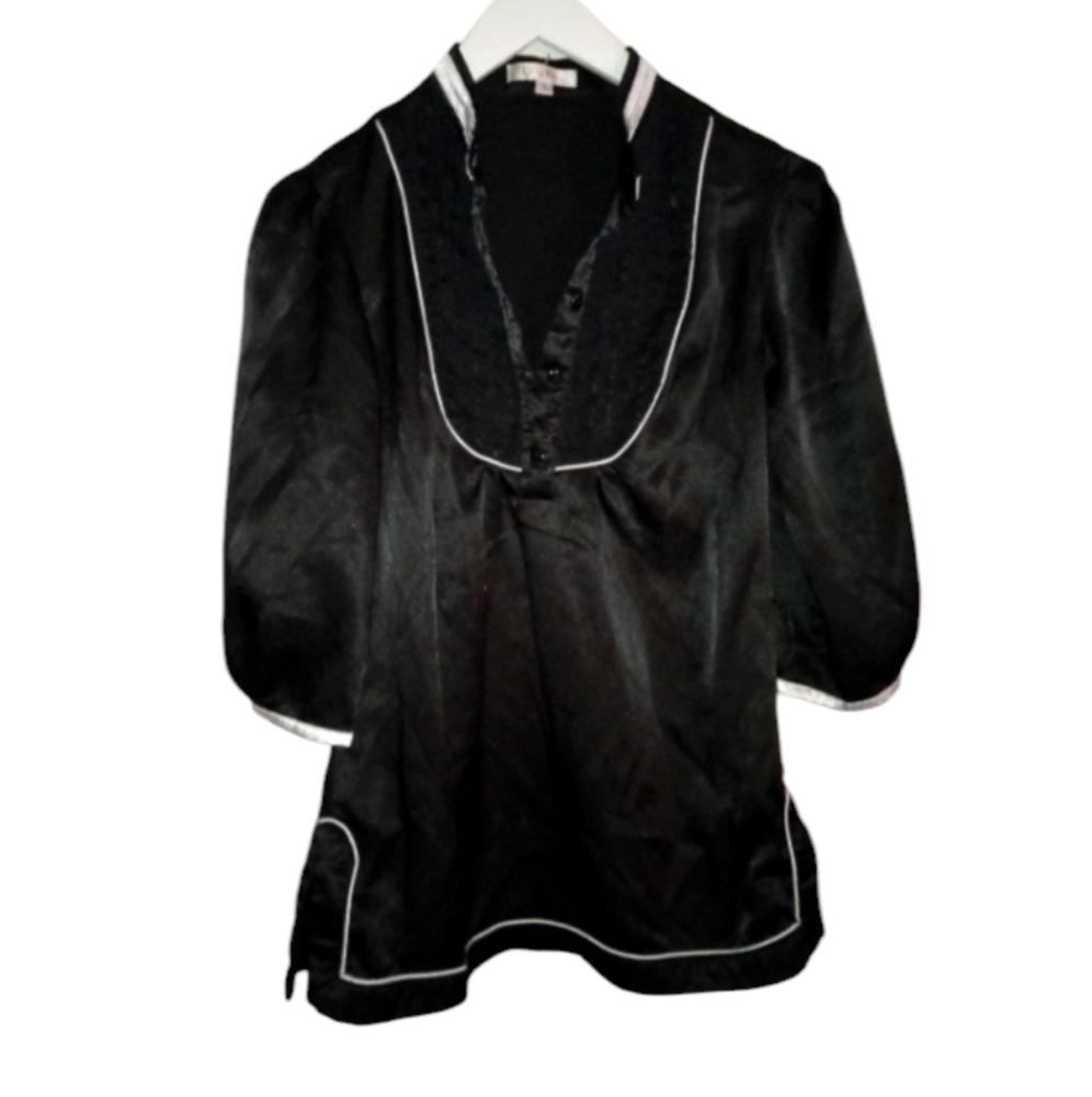 ∆ Lucy Paris VTG White Piped Black Lace Victorian/Oriental Tunic Romantic- SZ:SM